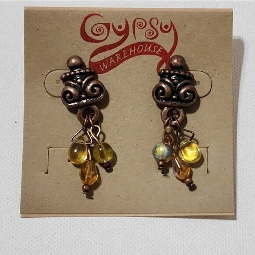 Treska Gypsy Copper Amber Glass Bead Dangle Earrings Boho Artisan Filigree